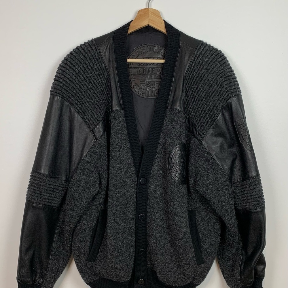 Torras Bomber Jacket Coat Soft Leather Wool Blend Black Gray Sz 50 Spain Buttons